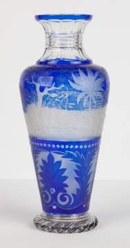 Double Overlay Cobalt Blue over Clear Bohemian   Crystal Engraved Vase