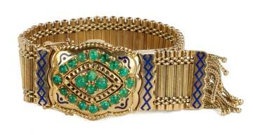 Victorian Revival Enameled 18k Gold & Emerald Fringe Bracelet Watch