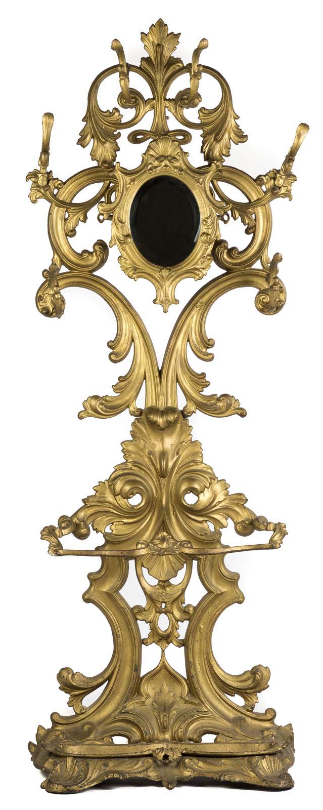 19th Century Cast Iron Hall Tree with Mirror, Six Hooks and Umbrella