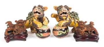Pair of Ceramic Foo Lions & Pair of Sandalwood Foo Lions