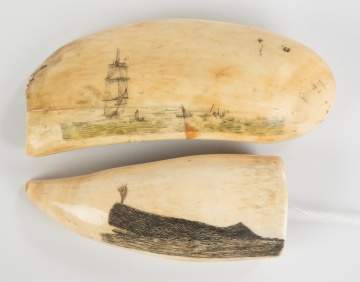 Two 19th Century Scrimshaw Whales Teeth
