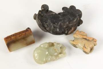 Chinese Jade Lion, Jade Gourd on Teak Stand, Carved Stone Dog Brush Washer & Brown Jade Belt Buck with Animal Figure