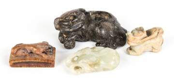 Chinese Jade Lion, Jade Gourd on Teak Stand, Carved Stone Dog Brush Washer & Brown Jade Belt Buck with Animal Figure