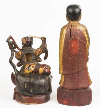 Chinese Carved Wood & Polychrome Money God & Praying Monk