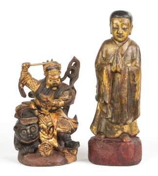 Chinese Carved Wood & Polychrome Money God & Praying Monk