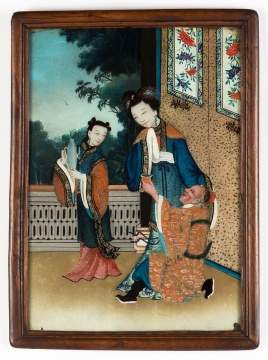 Pair of Chinese Reverse Painted Court Figures