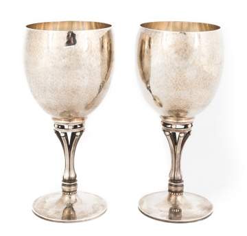 Pair Georg Jensen Hand Hammed Silver Goblets