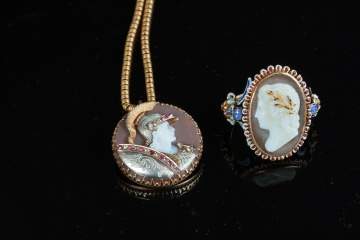 Gold, Jeweled & Enameled Cameo Ring & Necklace