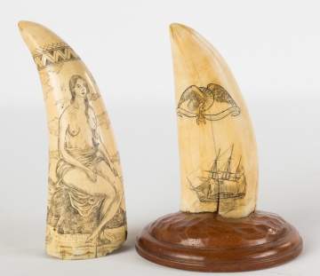 Two 19th Century Scrimshaw Whales Teeth