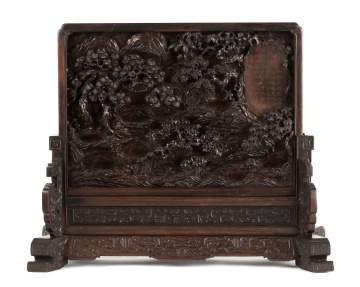 A Chinese Carved Hardwood 'Scholar' Table Screen with Imperial Poem