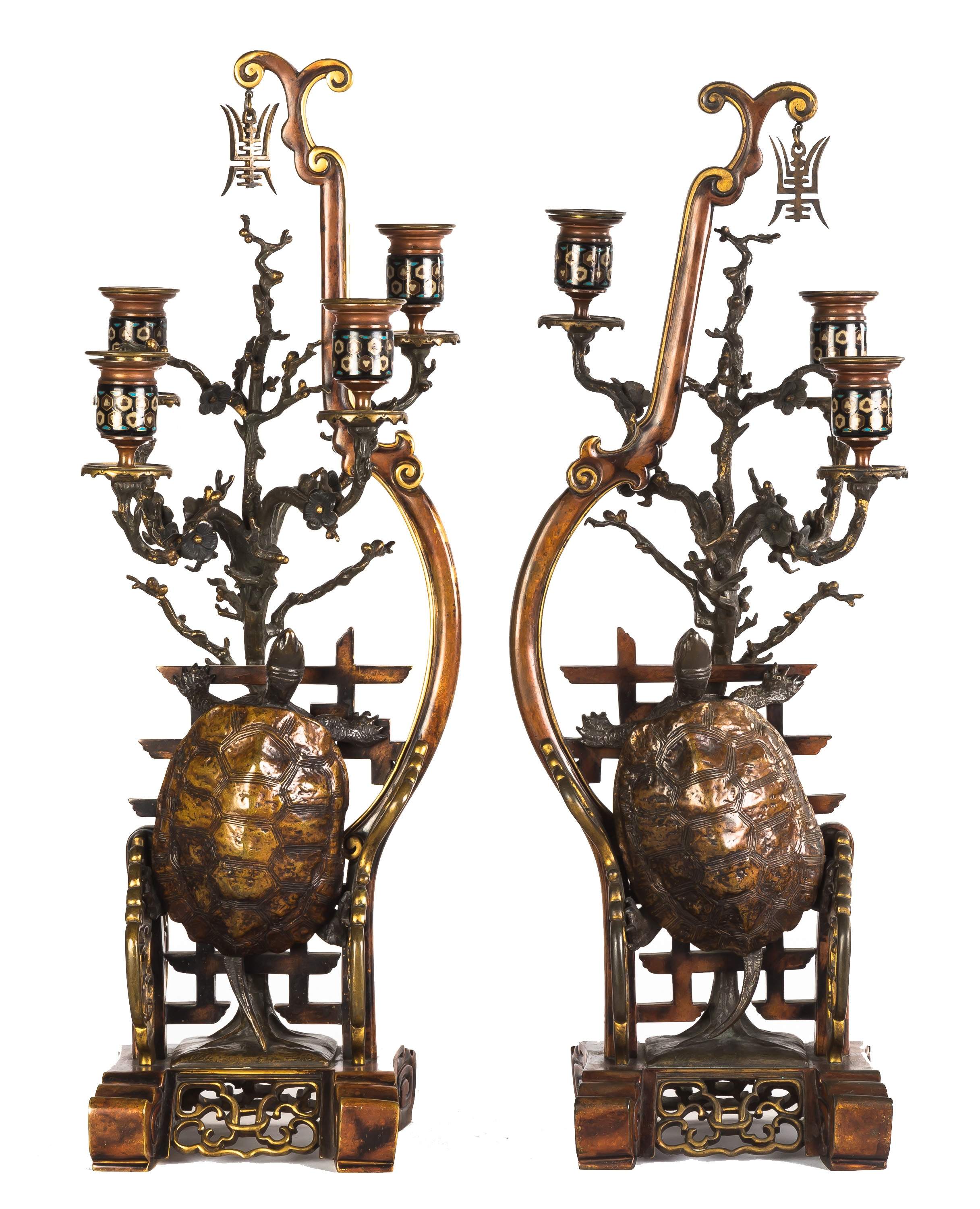 Pair Unusual Chinese Bronze & Cloisonne Candelabras Cottone Auctions
