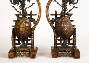 Pair Unusual Chinese Bronze & Cloisonne Candelabras