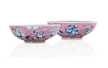 A Fine & Rare Pair of Chinese Puce Enameled 'Eight Immortals' Bowls
