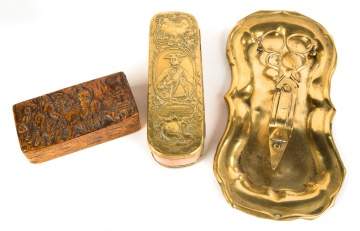 Brass Candle Snuffer, Carved Burl Box, Early Dutch  Brass Snuff Box