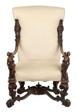 Continental Carved Arm Chair with Figural Arms