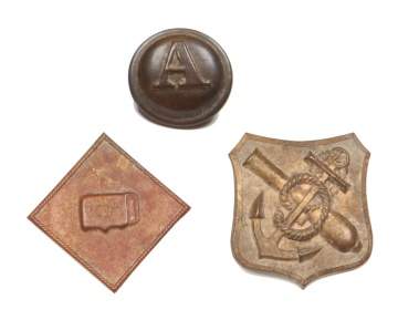 Civil War C.S. Block A Coat Size Button & 2 Civil War Core Badges