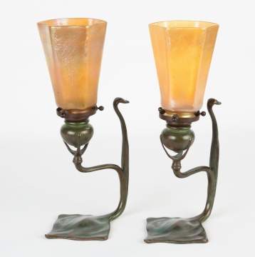 Pair of Tiffany Studios Cobra Candle Lamps