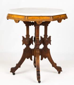 Unusual Victorian Octagonal Walnut & Burl Marble  Top Table