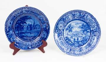 "Hobart Town" & "Fulham Church, Middlesex"  Historic Blue Staffordshire Plates