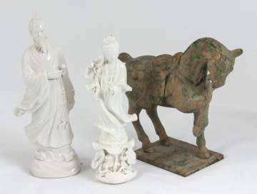Chinese Tang Style Bronze Horse & Blanc de Chine  Figures