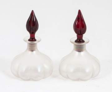 Two Steuben Verre de Soie Perfume Bottles with  Selenium Red Flame Stoppers