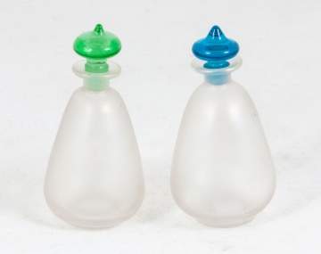 Two Steuben Verre de Soie Perfume Bottles with  Pomona Green & Celeste Blue Stoppers
