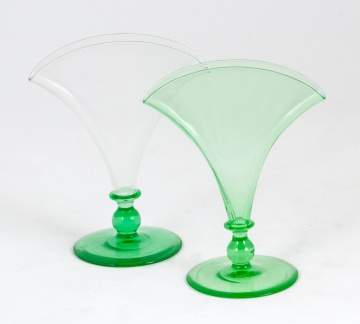 Two Steuben Pomona Green Optic Ribbed Fan Vases