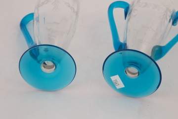 Steuben Celeste Blue Creamer and Sugar with Engraved Decoration