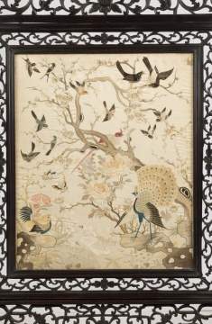 Fine Chinese Carved Hardwood Screen with Silk Embroidery