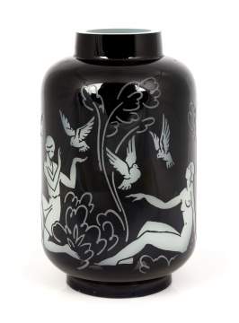 Steuben Mirror Black over Alabaster Vase with Greek Figures