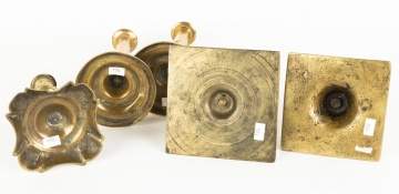 Group of Five Early Brass Candlesticks