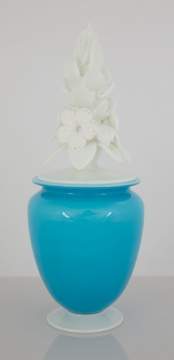 Steuben Covered Light Blue Jade Vase with Floral Stopper