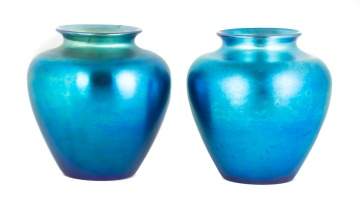 Pair Steuben Blue Aurene Vases