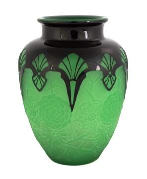 Steuben Art Deco Mirror Black Over Green Jade Acid Cut-Back Vase