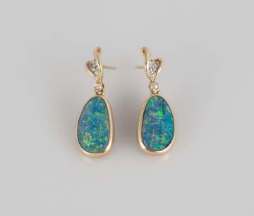 Pair of 14K Gold, Opal and Diamond Drop Earrings