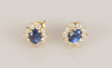Pair of 18K Gold, Sapphire and Diamond Earrings