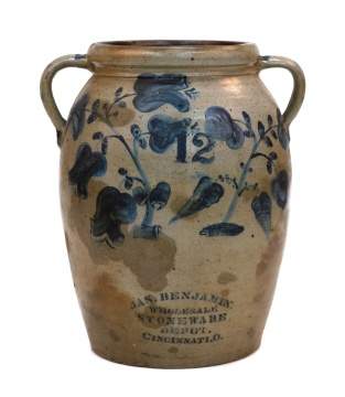 12 Gallon Jas. Benjamin Floral Decorated Ovoid Stoneware Pot