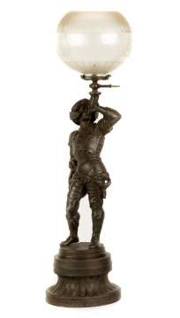 Figural Patinaed Metal Newel Post Lamp