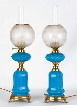 Pair of Blue New England Oil Lamps