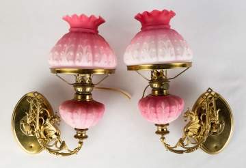 Pair of Victorian Satin Glass Wall Lamps
