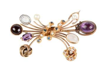 Mixed Karat Multiple Stick Pin Brooch with Natural Stones