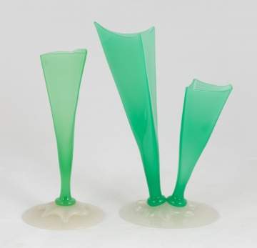 Two Steuben Green Jade and Alabaster Stump Vases