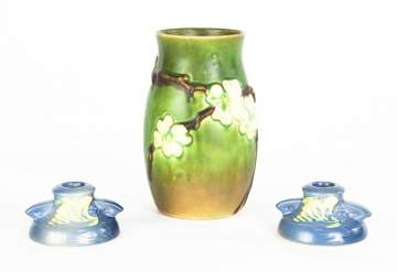 Roseville Art Pottery Dogwood Vase & Freesia Candle Holders