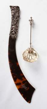 English Silver & Shell Paper Knife and Sterling Silver & Gilt Wash Pea Spoon