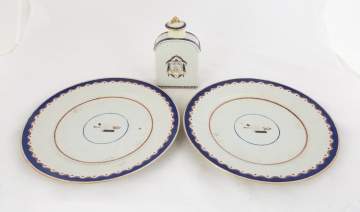 Two Chinese Export Plates and Tea Caddy