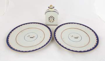 Two Chinese Export Plates and Tea Caddy