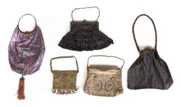 Group of Five French Art Deco Silk, Sterling  Silver and Beaded Handbags