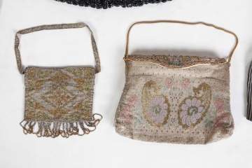 Group of Five French Art Deco Silk, Sterling  Silver and Beaded Handbags