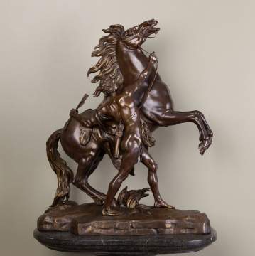 Pair of 19th C. Bronze Figures 'Marly Horse' on  Marble Pedestals