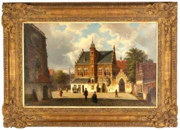 Willem Koekkoek (Dutch, 1839-1896) "Zomers stadsgezicht met figuren"
